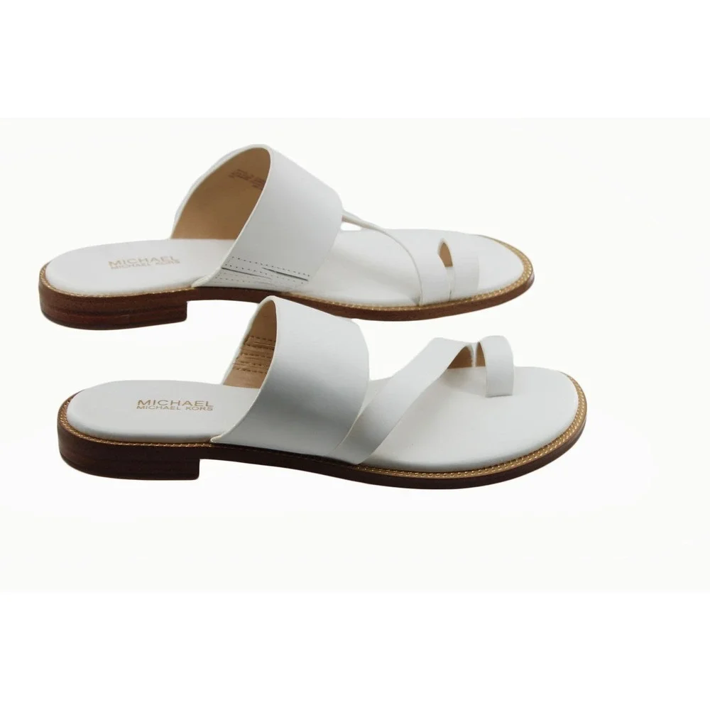 Michael Kors Womens Pratt White Leather Toe Ring Slide  Gold Bead Trim Size 6M